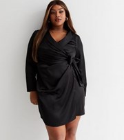 New Look Curves Black Satin Shawl Collar Mini Wrap Dress